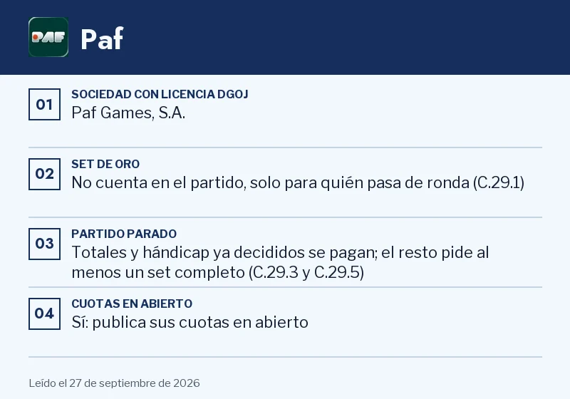 Acta de Paf: set de oro, partido parado y set concreto